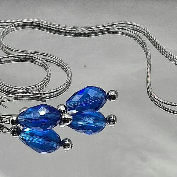 Stainless Steel Cobalt Blue Crystal Necklace and Earings Set - Picture 11 of 12